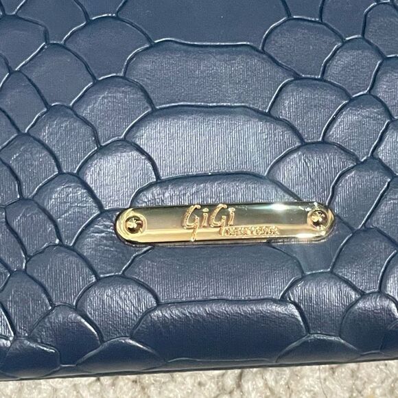 GIGI NEW YORK Navy Embossed Python Leather, Fold over clutch/ crossbody purse - Picture 5 of 9
